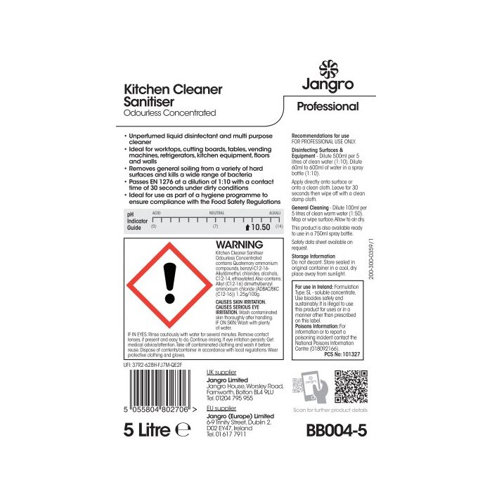 Jangro Kitchen Cleaner Sanitiser Odurless 5L - BB004-5