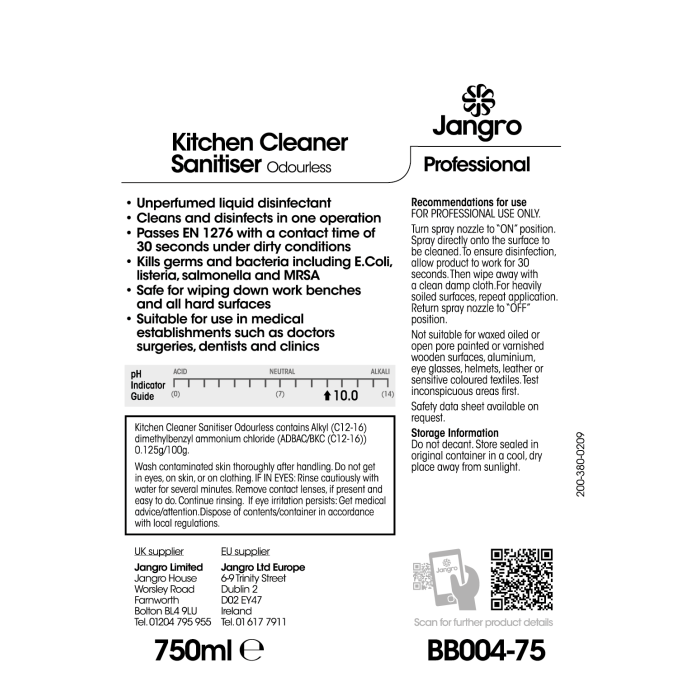 Jangro Kitchen Cleaner Sanitiser Odourless 750ml - BB004-75 | Food Safe & EN1276 Compliant