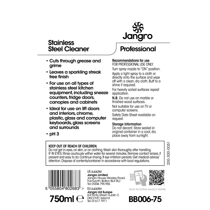 Jangro Stainless Steel Cleaner 750ml - BB006-75 | Professional Surface Cleaner
