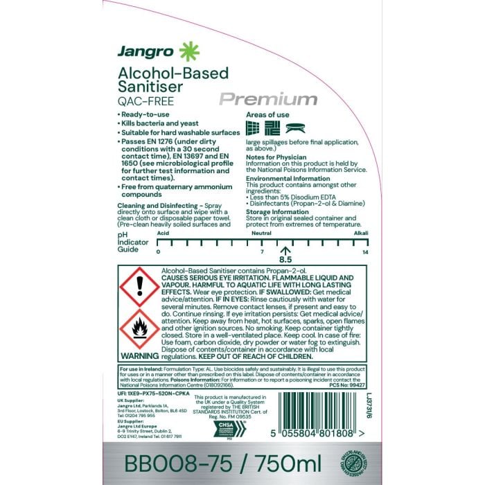 Jangro Alcohol-Based Sanitiser 750ml BB008-75 | QAC-Free, Fast-Drying