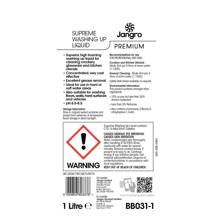 Jangro Premium Supreme Washing Up Liquid 1L - BB031-1 | High Foaming & Grease Removal