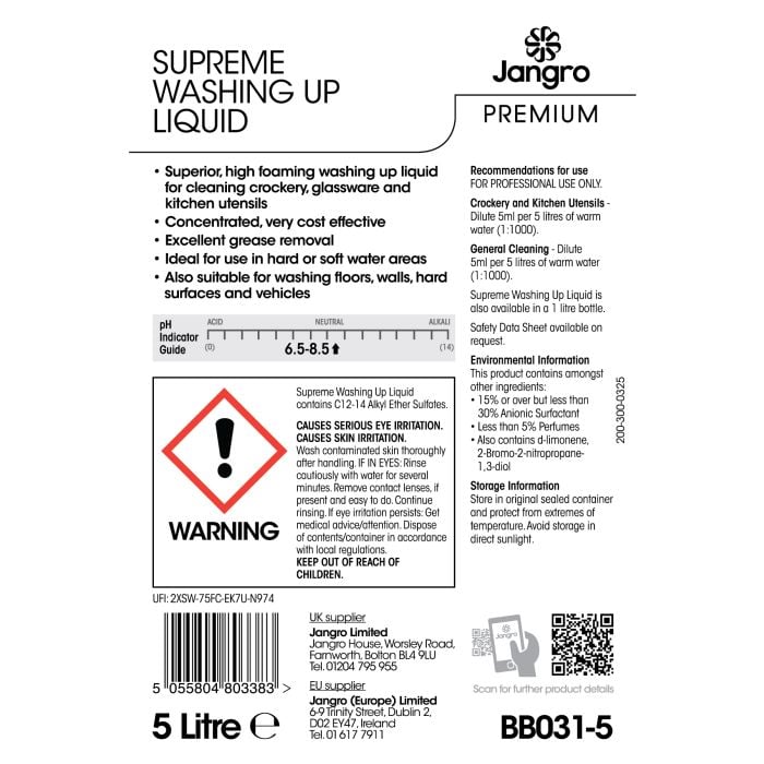 Jangro Premium Supreme Washing Up Liquid 5L - BB031-5 | High Foaming & Grease Removal