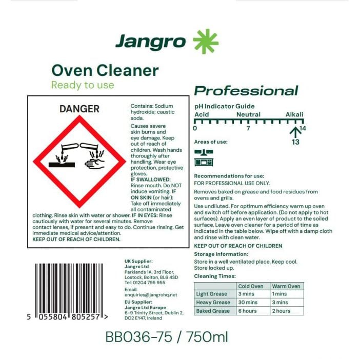 Jangro Oven Cleaner 750ml - BB036-75 | Powerful Grease & Carbon Remover