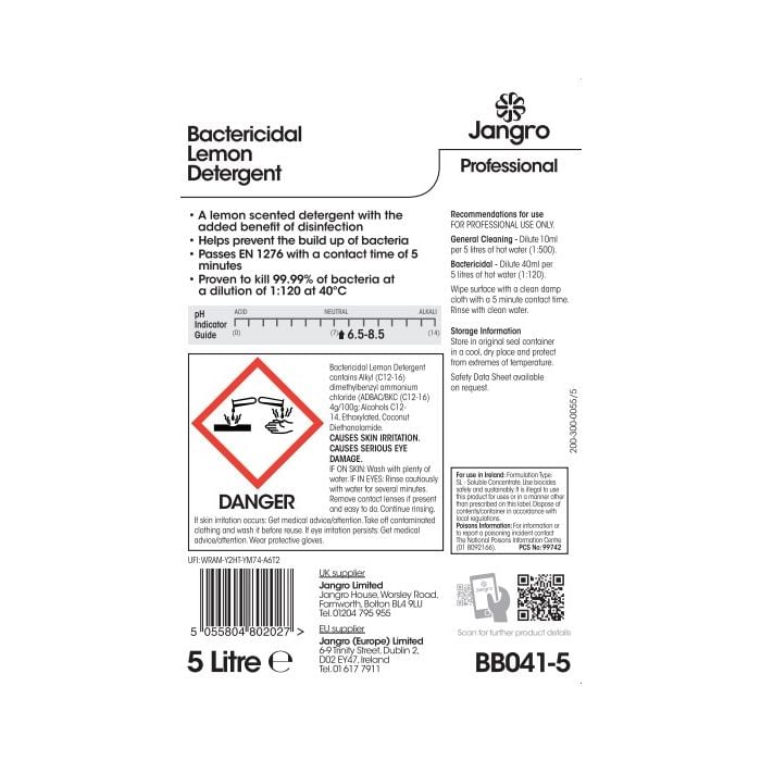 Jangro Bactericidal Lemon Detergent 5L - BB041-5 | Multi-Purpose Cleaner