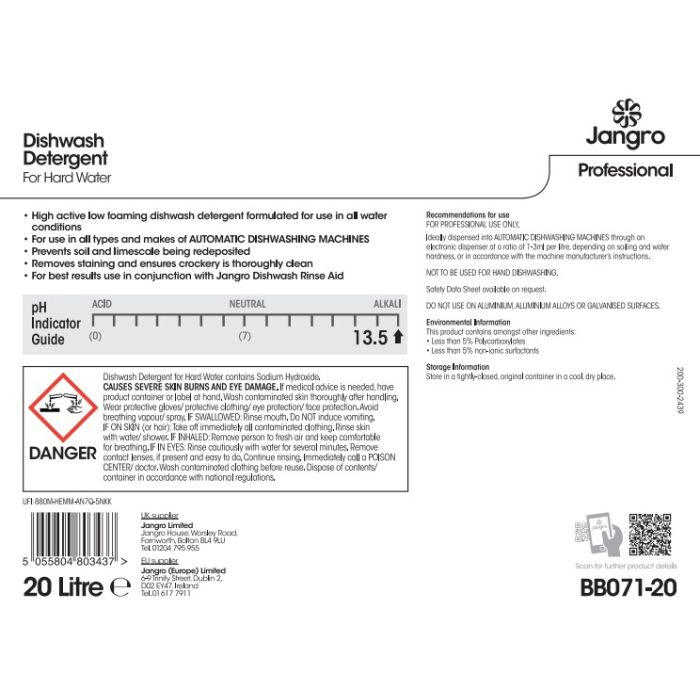 Jangro Dishwash Detergent Hard Water 20Litre - BB071-20 | Commercial Dishwasher Solution