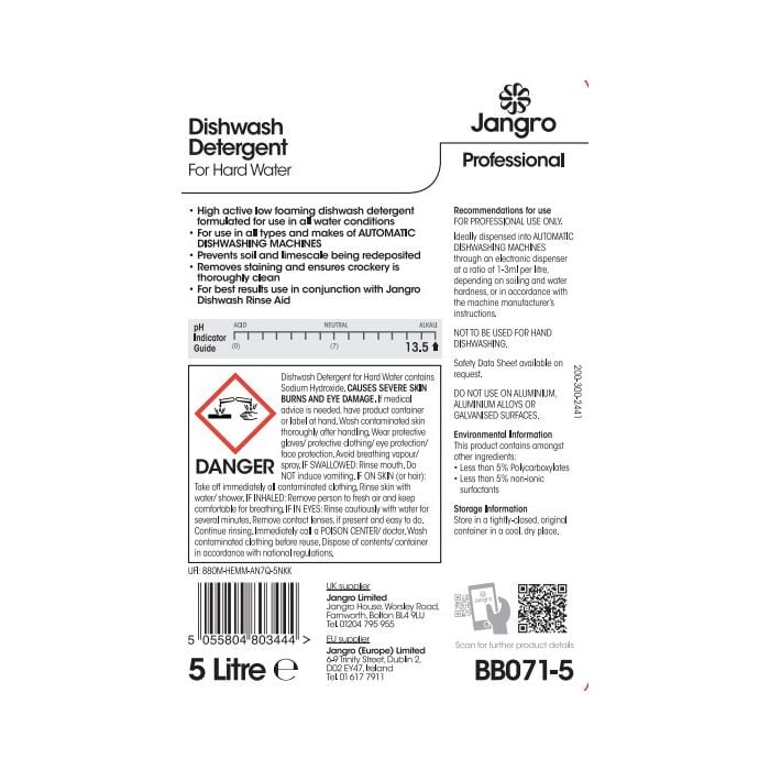 Jangro Professional Dishwash Detergent Hard Water 5L – BB071-5 | High-Performance Machine Cleaner