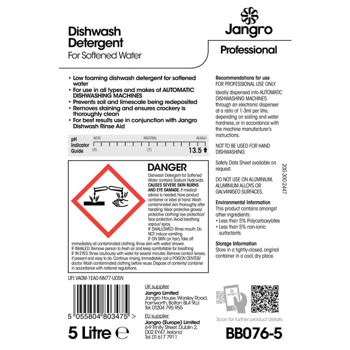 Jangro Dishwasher Detergent Soft Water 5L BB076-5 | Low Foaming, High Performance