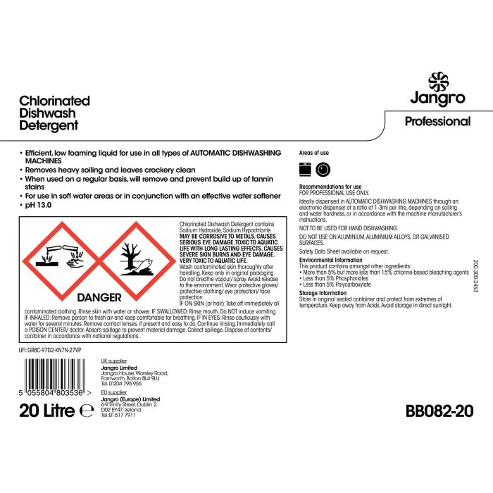 Jangro Chlorinated Dishwash Detergent 20 Litre | BB082-20 | Professional Cleaning