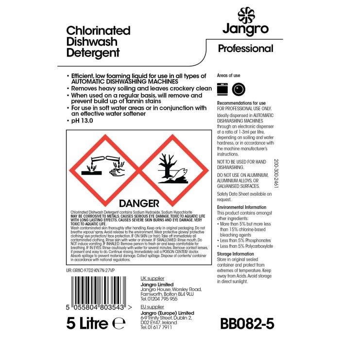 Jangro Chlorinated Dishwash Detergent 5L - BB082-5 | Heavy-Duty Cleaner