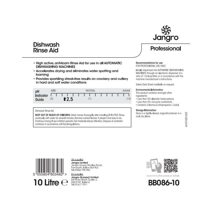 Jangro Dishwash Rinse Aid 10L | BB086-10 | Streak-Free Finish