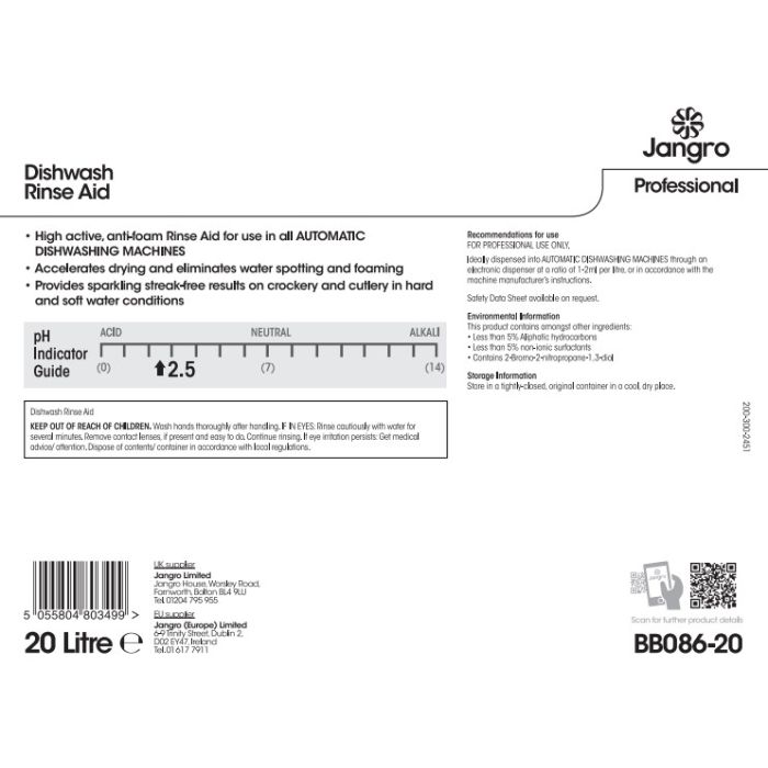Jangro Dishwash Rinse Aid 20L BB086-20 | Streak-Free, Low-Foaming Finish