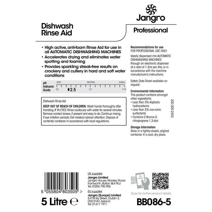 Jangro Professional Dishwash Rinse Aid 5L - BB086-5 | Streak-Free Shine & Fast Drying