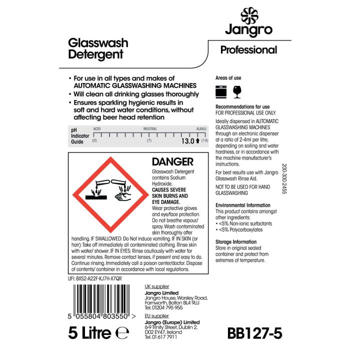 Jangro Glasswash Detergent 5L BB127-5 | Sparkling Glassware, Every Time