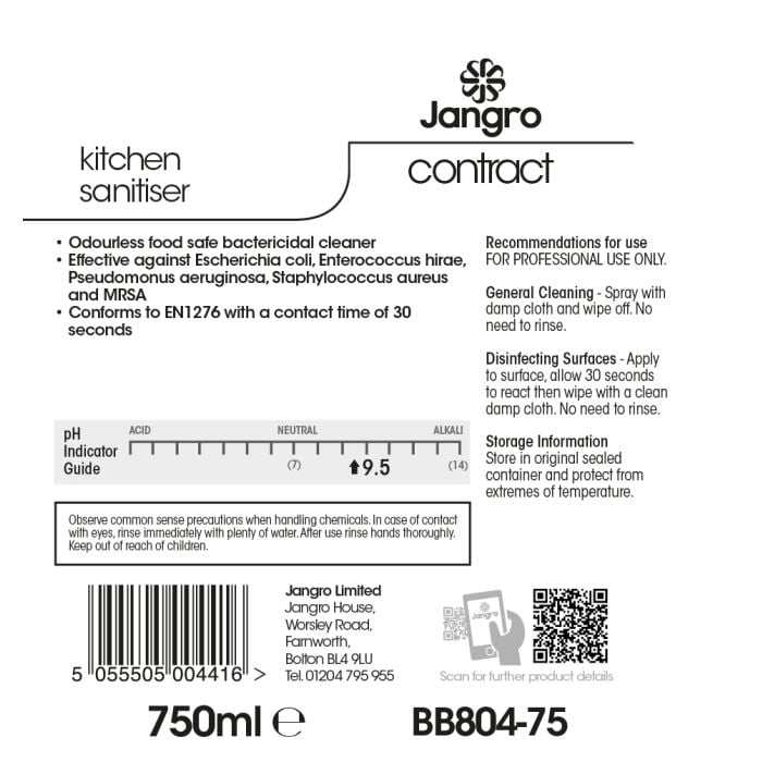 Jangro Contract Kitchen Sanitiser 750ml - BB804-75 | Food Safe & Ready to Use