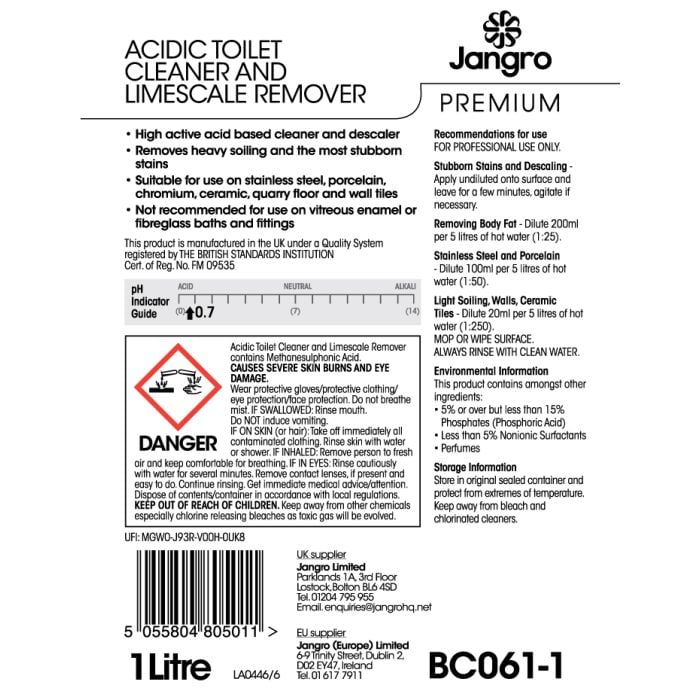 Jangro Acidic Toilet Cleaner & Limescale Remover 1L BC061-1 - A072AJA