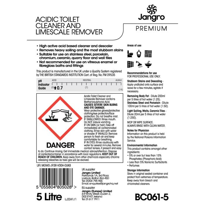 Jangro Acidic Toilet Cleaner & Limescale Remover 5L BC061-5