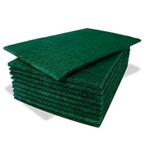 Stack of 9" x 6" green scourer pads for cleaning.