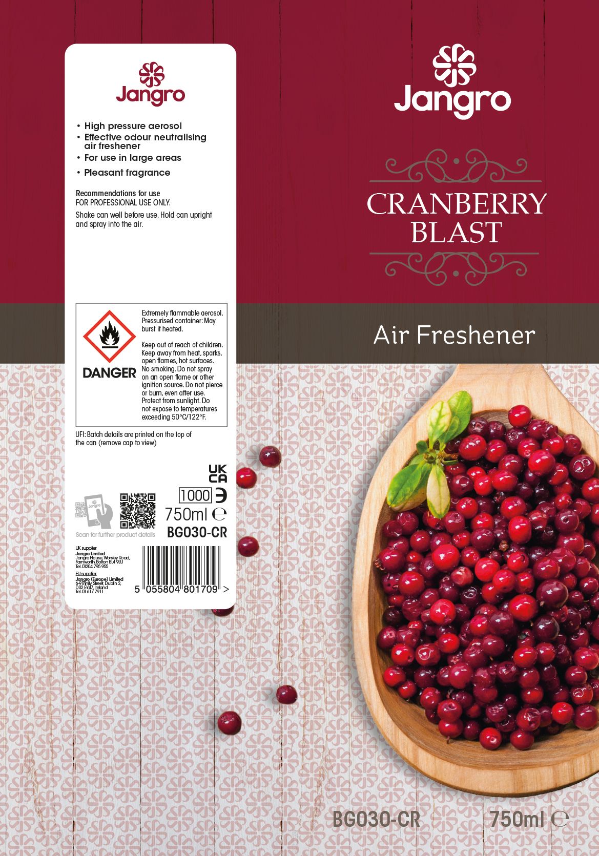 Jangro Blast Aerosol Fresh Cranberry 750ml - BG030-CR | Air Freshener Spray