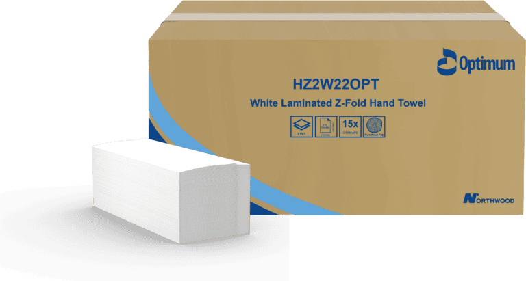 Optimum 2-ply White Laminated Z-Fold Hand Towels – packaging box with towels displayed.