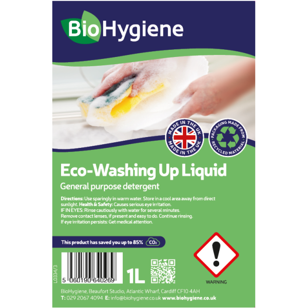 BioHygiene Eco Washing Up Liquid 1L | Plant-Based, Grease-Cutting Formula