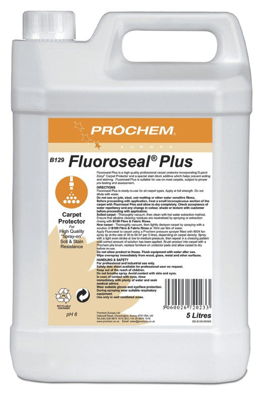 Prochem Fluoroseal Plus – carpet protector with usage instructions and safety information.
