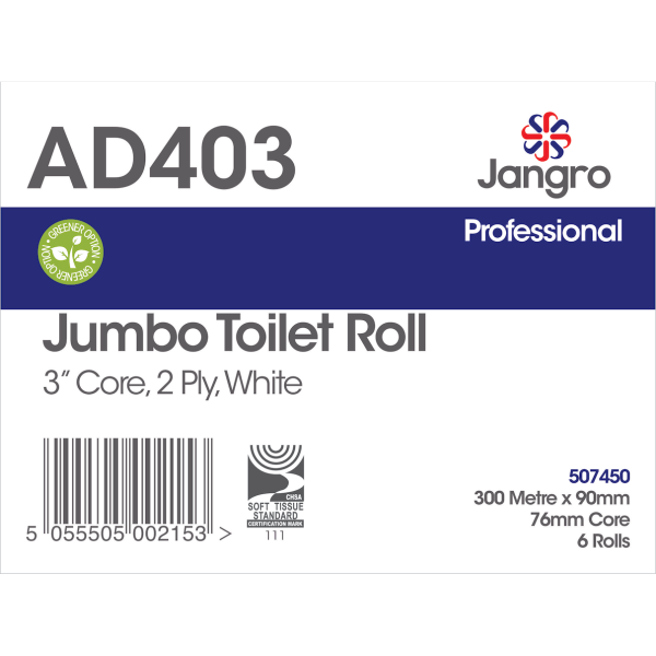 Jangro Professional Jumbo Toilet Roll x6 300M x 90mm, 3" core, 2 ply AD403 - J27300JA