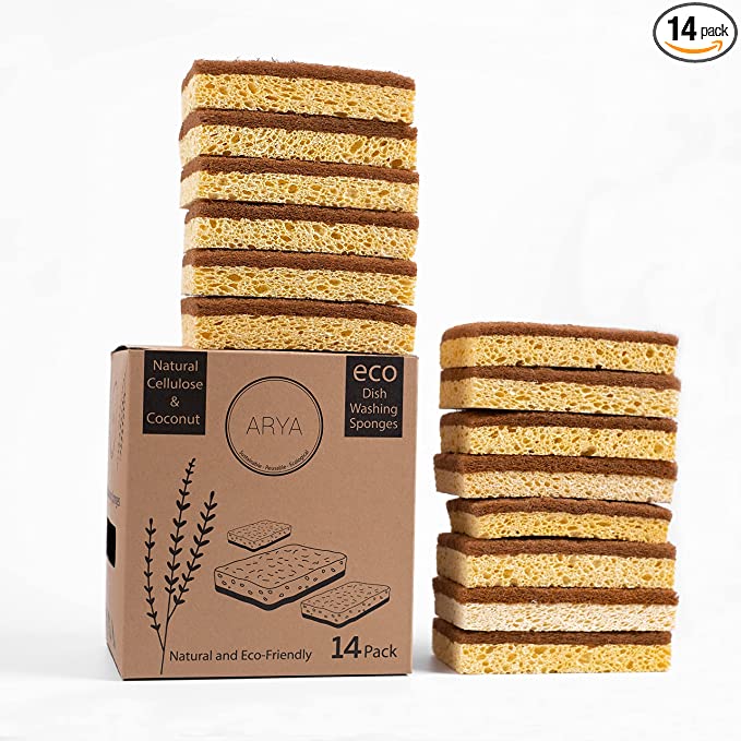 ARYA Eco Dishwashing Sponges - 14 Pack | Natural Cellulose & Compostable