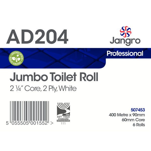 Jangro Premium Jumbo Toilet Roll 400M x 90mm, 2¼" core, 2 ply AD204 - 812509