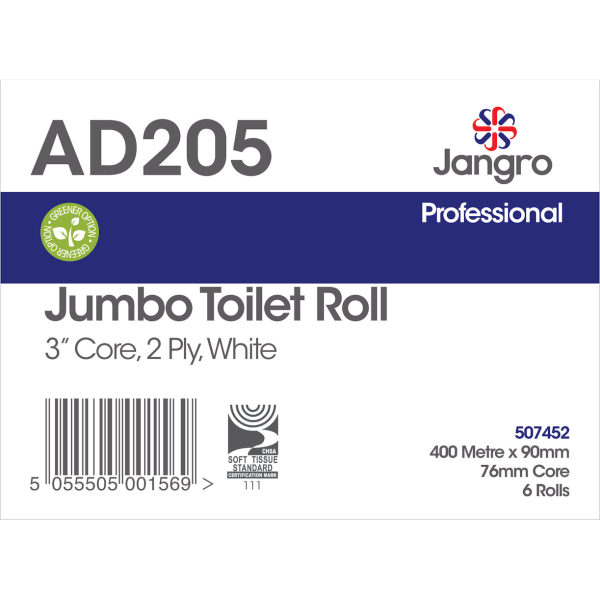 Jangro Premium Jumbo Toilet Roll 400M x 90mm, 3" core, 2 ply AD205 - 812510