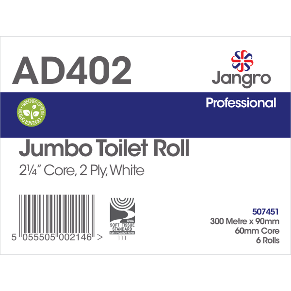 Jangro Professional Jumbo Toilet Roll 6 x 300M x 90mm, 2¼" core, 2 ply AD402 - J26300JA