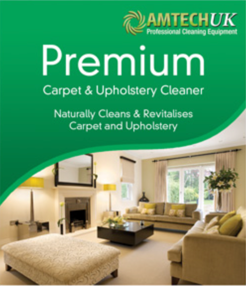 Amtech Premium Carpet & Upholstery Cleaner – product packaging showcasing cleaning features and usage.