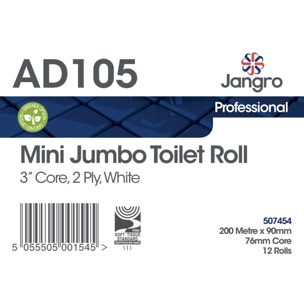 Jangro Premium Mini Jumbo Toilet Roll x 200M x 90mm, 3" core, 2 ply AD105 - 812507