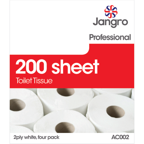 Jangro 200 Sheet Toilet Roll, 4 Pack, 2 ply AC002 - W200JA