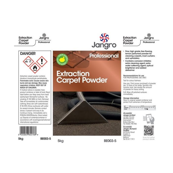 Jangro Extraction Carpet Powder 5kg – product packaging with usage instructions and safety warnings.