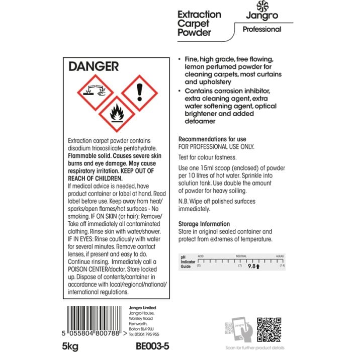 Safety warning label for Jangro Extraction Carpet Powder 5kg, detailing hazards and usage instructions.