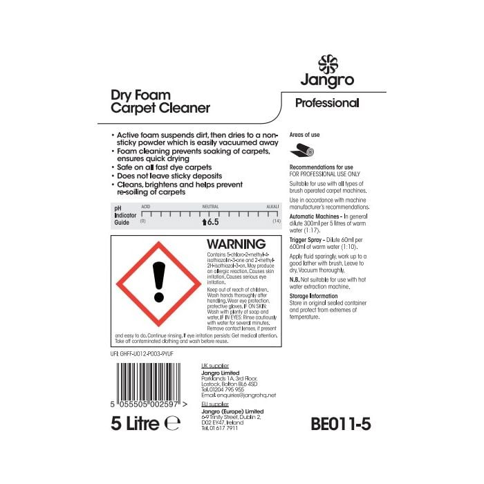 Jangro Dry Foam Carpet Cleaner 5L - BE011-5 | WoolSafe Approved Carpet Shampoo