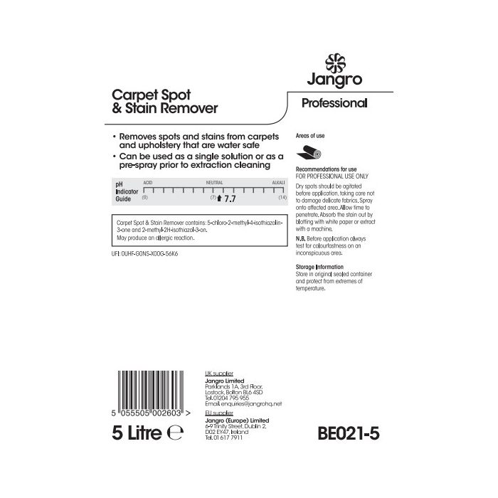 Jangro Carpet Spot & Stain Remover 5L – BE021-5 | Fast-Acting Carpet Cleaner
