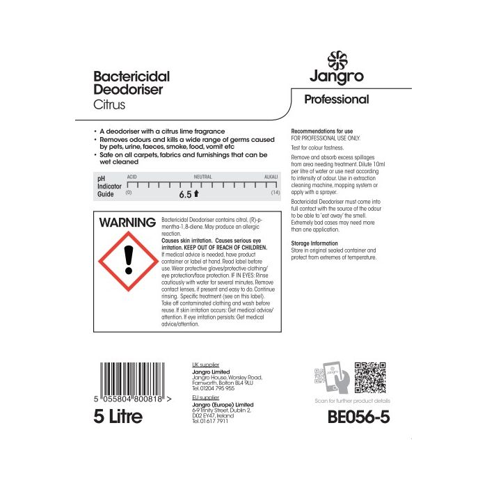 Jangro Bactericidal Deodoriser Citrus 5L - BE056-5 | Cleans, Disinfects & Freshens