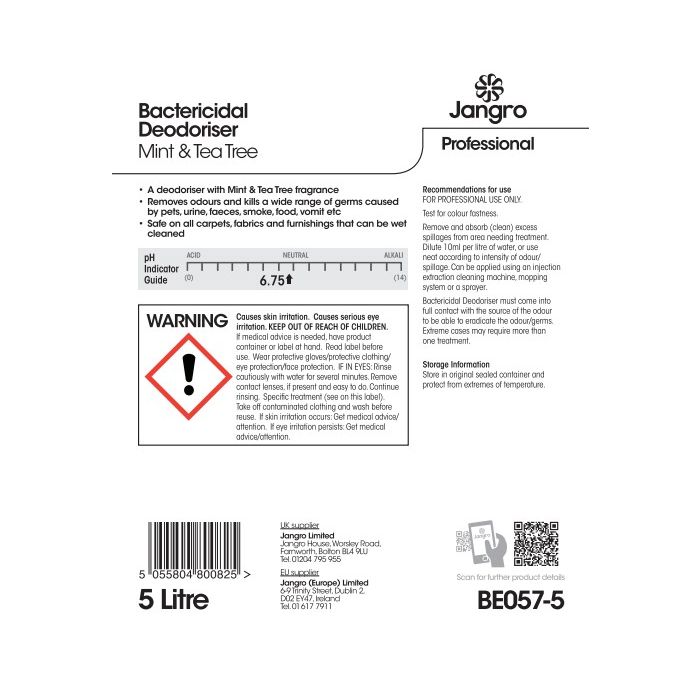 Jangro Bactericidal Deodoriser Mint & Tea Tree 5L - BE057-5 | Cleans, Disinfects & Freshens