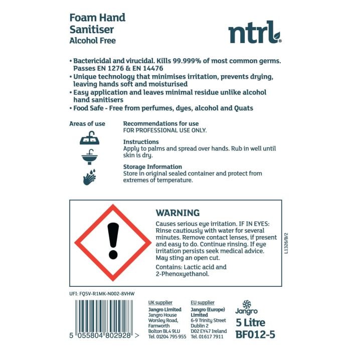 Jangro NTRL Foam Hand Sanitiser Alcohol Free 5L - BF012-5 | Eco-Friendly & Skin Safe