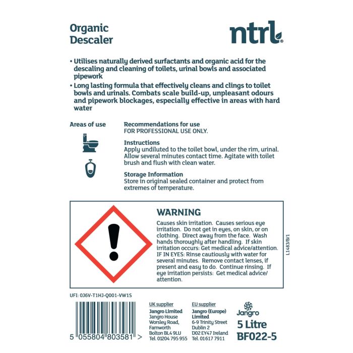 Jangro NTRL Organic Descaler 5L - BF022-5 | Eco-Friendly Limescale Remover