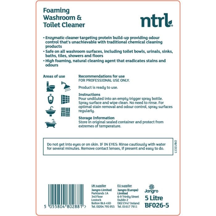 Jangro NTRL Foaming Washroom & Toilet Cleaner 5L - Eco-Friendly & Effective | BF026-5
