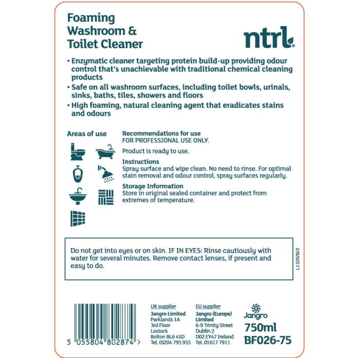 Jangro NTRL Foaming Washroom & Toilet Cleaner 750ml - Eco-Friendly & Powerful | BF026-75