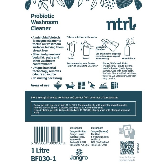Jangro NTRL Probiotic Washroom Cleaner 1L - Eco-Friendly & Hygienic | BF030-1