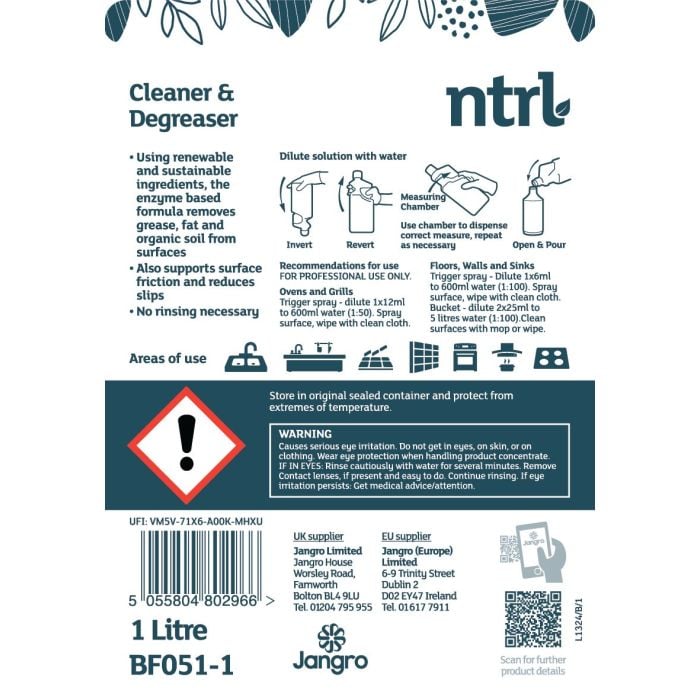 Jangro NTRL Cleaner & Degreaser 1L - BF051-1 | Eco-Friendly Enzyme-Based Degreaser