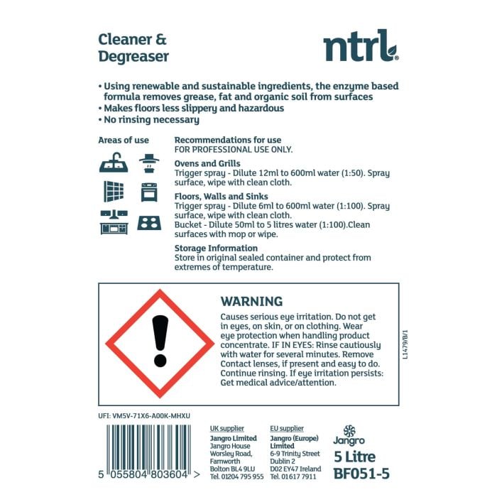 Jangro NTRL Cleaner & Degreaser 5L | Eco-Friendly Heavy Duty Cleaning BF051-5