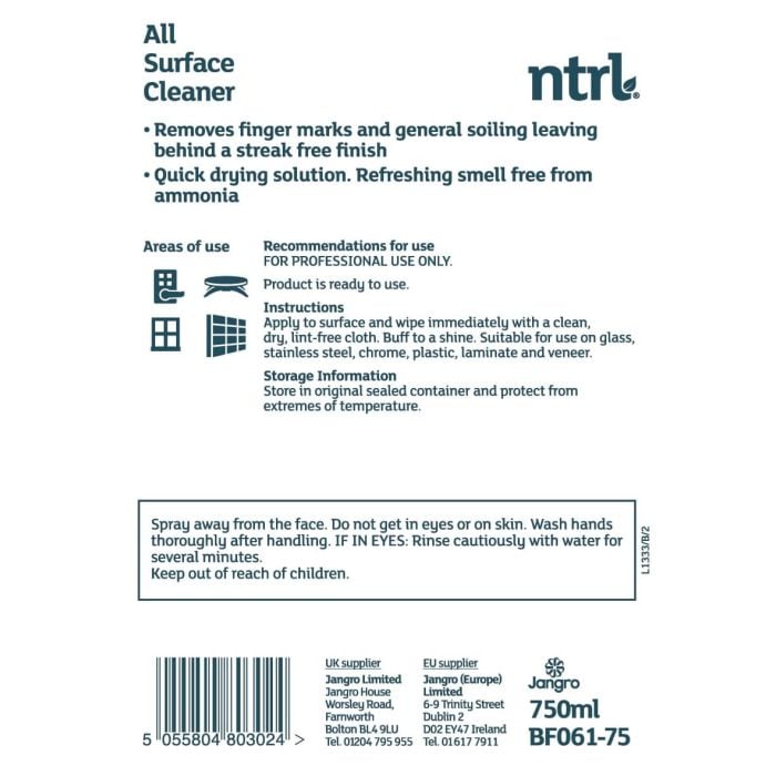 Jangro NTRL All Surface Cleaner 750ml – BF061-75 | Eco-Friendly Multi-Surface Spray