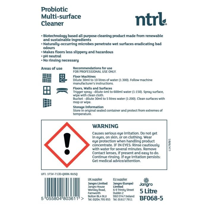 Jangro NTRL Probiotic Multisurface Cleaner 5L - BF068-5 | Eco-Friendly All-Purpose Cleaner