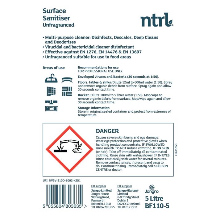 Jangro NTRL Surface Sanitiser Unfraganced 5L - BF110-5
