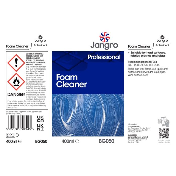 Jangro Foam Cleaner 400ml - BG050 | Multi-Surface Aerosol Cleaner